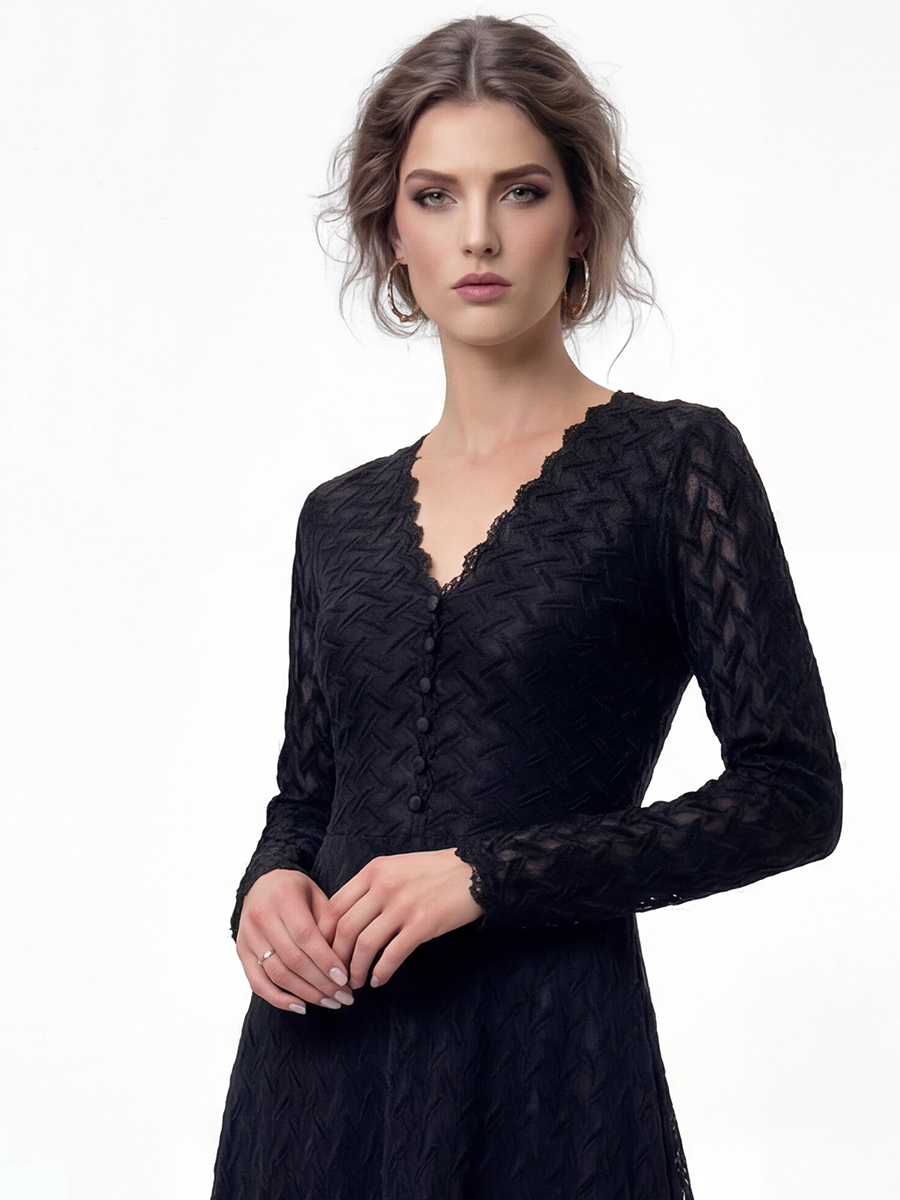 Платье из трикотажного кружева на подкладке с V-образным вырезом, черный, с фестонами