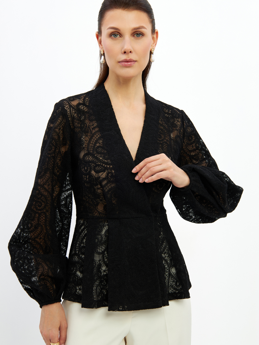 Блузка из кружева с баской и поясом OD-1033-2 черный