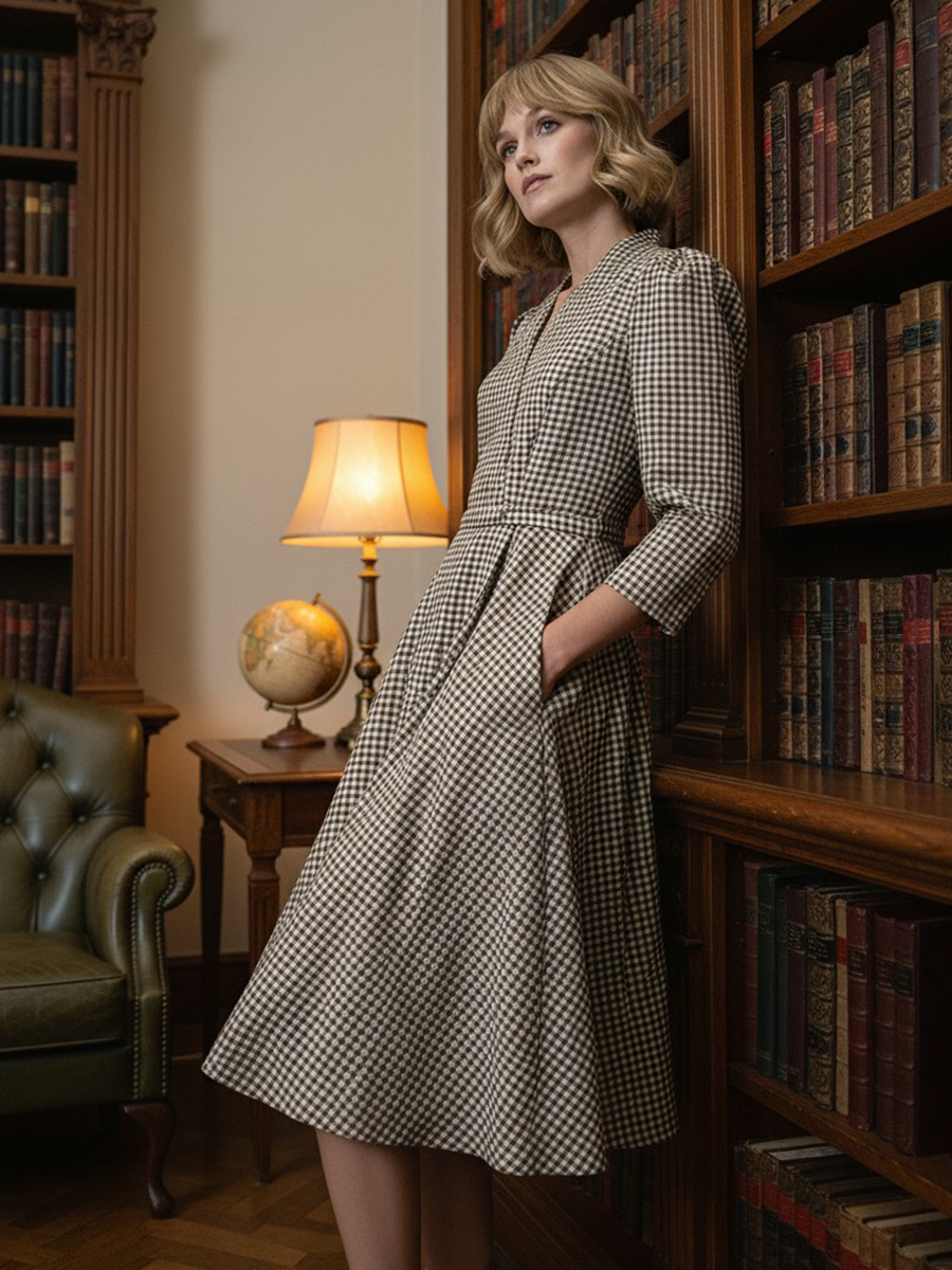 Платье с воротником стойка  OD-885-2 клетка сливочно-коричневая