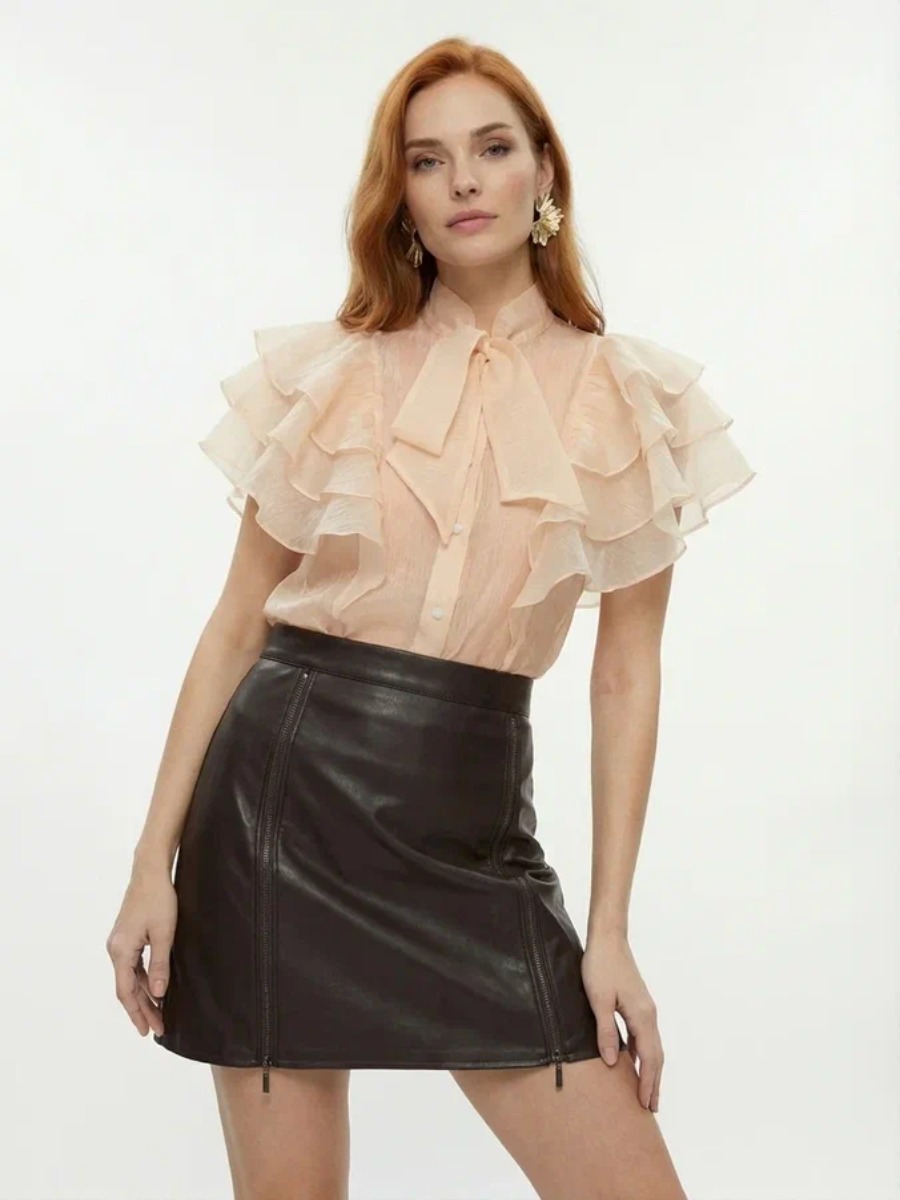 Юбка короткая из эко-кожи с молниями OD-1004-1, коричневый