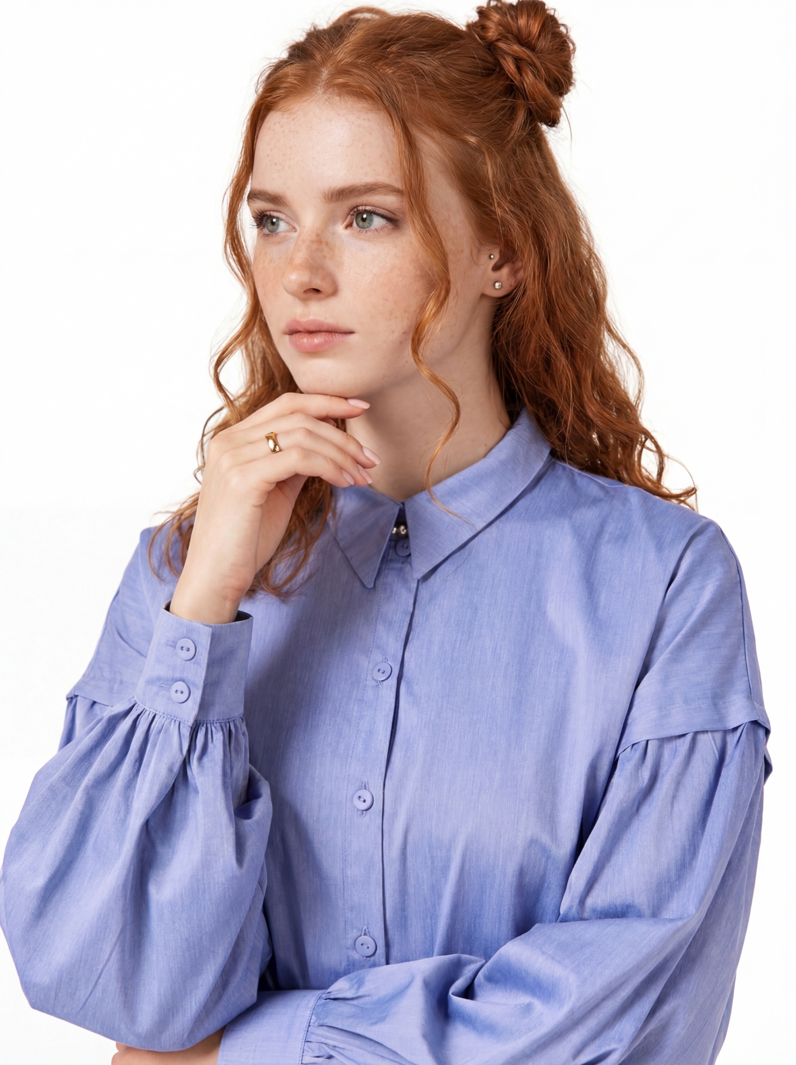 Рубашка с пышным рукавом OD-879-3 голубой джинс