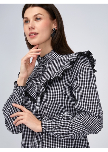 Блузка из хлопка с кружевом OD-896-1 ч/б клетка