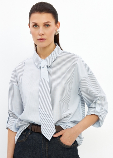 Рубашка полоса с галстуком OD-918-2 серо-голубая