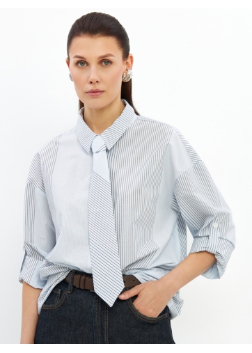 Рубашка полоса с галстуком OD-918-2 серо-голубая