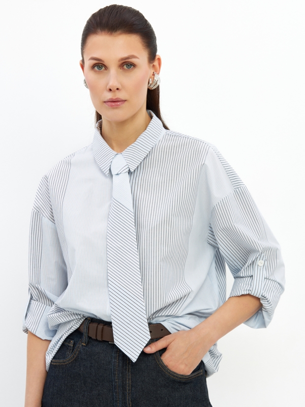 Рубашка полоса с галстуком OD-918-2 серо-голубая