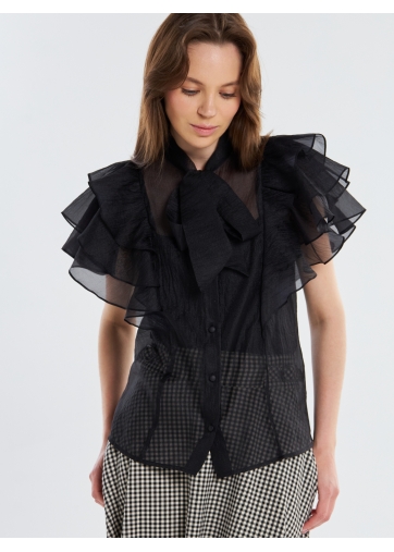 Блузка из органзы с рюшами и бантом OD-929-3 черный