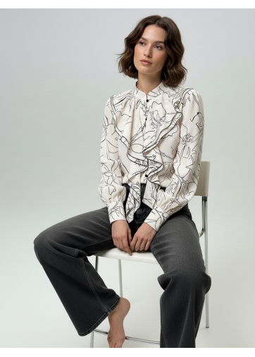 Блузка с отлетными рюшами OD-914-6 молочный с черным