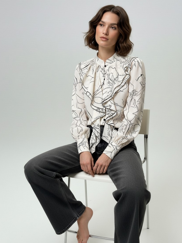 Блузка с отлетными рюшами OD-914-6 молочный с черным