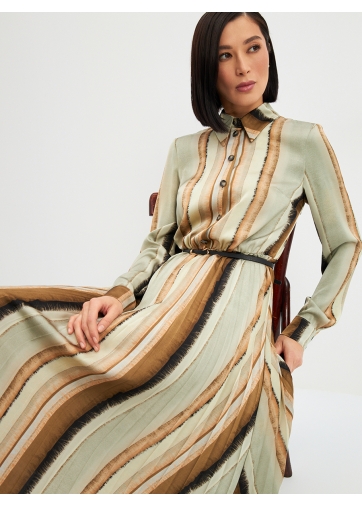 Платье с юбкой плиссе OD-883-2 коричневая с серой полосой