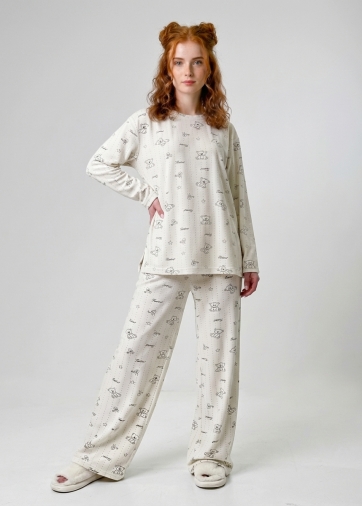Пижама из велюра с принтом мишки с резинкой в комплекте OD-1009-3 молочный