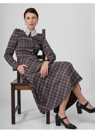 Платье с кружевным воротником потайная планка OD-886-3 крупная клетка джинс