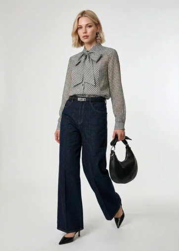 Блузка из органзы в клетку OD-984-2 коричневый с белым