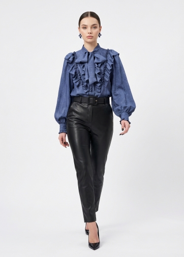 Блузка с рюшами и воротником-завязка OD-988-3 синий