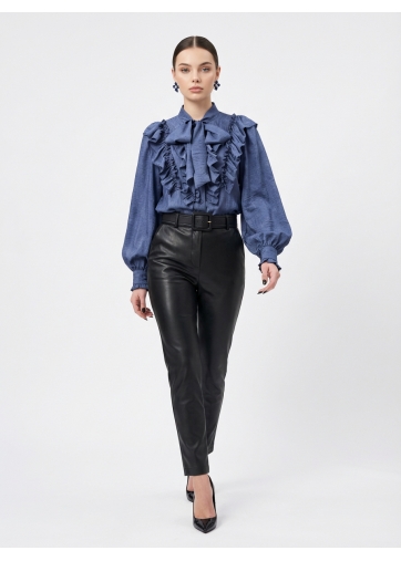 Блузка с рюшами и воротником-завязка OD-988-3 синий