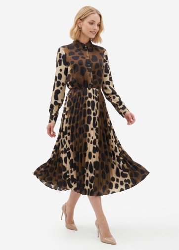 Платье с юбкой плиссе OD-883-1 леопард коричневый с хаки
