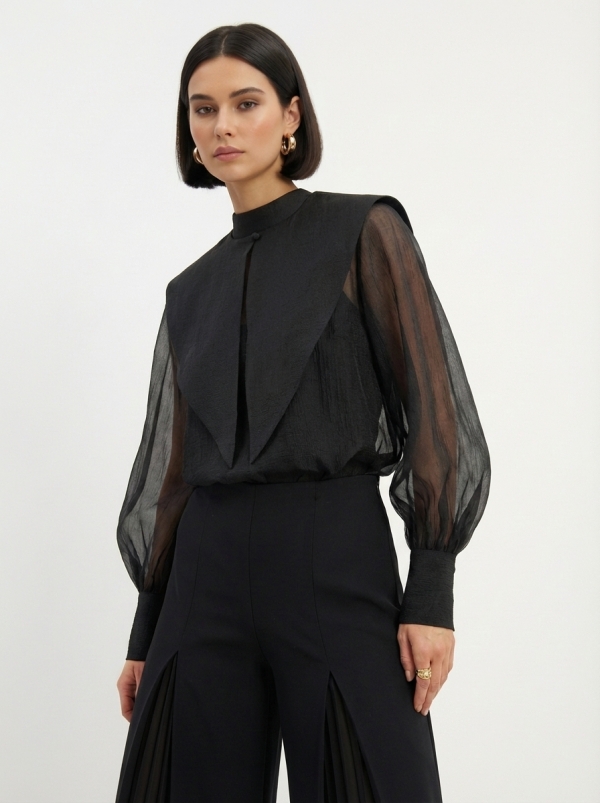 Блузка из органзы со съемным воротником OD-930-3 черный