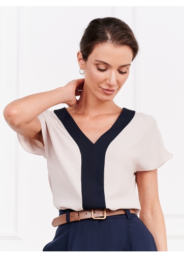 Блузка с контрастной отделкой OD-859-2 бежевый+синий