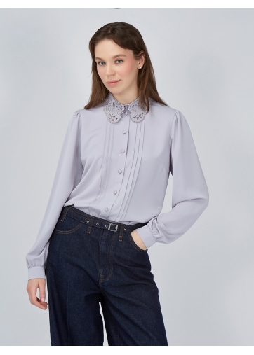 Блузка с воротником из кружева и защипами OD-913-2 св.сиреневый