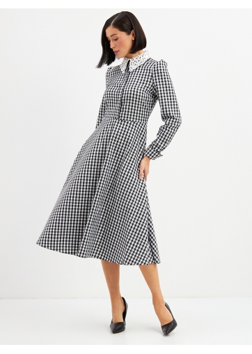 Платье с кружевным воротником потайная планка OD-886-2 ч/б клетка