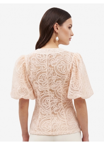 Блузка кружевная приталенная с объемным рукавом, лосось OD-1038-3