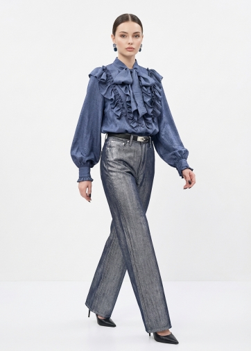 Блузка с рюшами и воротником-завязка OD-988-3 синий