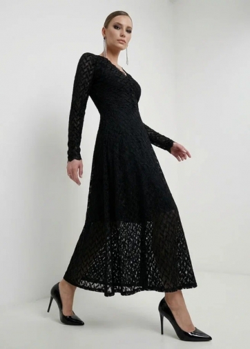 Платье из трикотажного кружева на подкладке с V-образным вырезом, черный, с фестонами