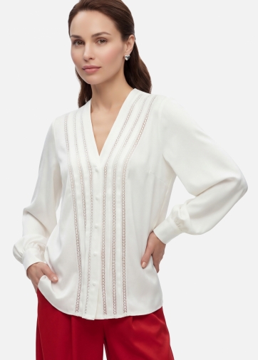 Блузка с V-образным вырезом и кружевом OD-1014-1 белый