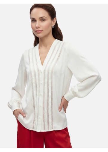 Блузка с V-образным вырезом и кружевом OD-1014-1 белый