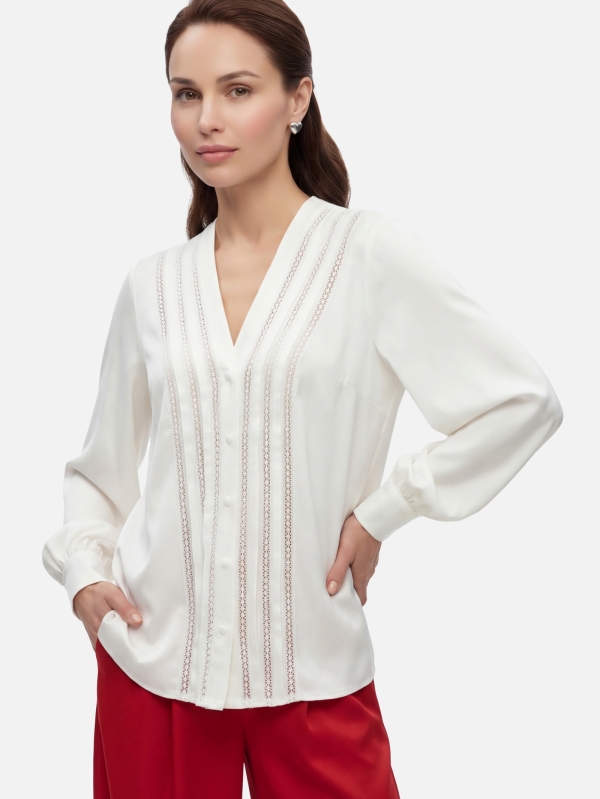 Блузка с V-образным вырезом и кружевом OD-1014-1 белый