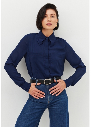 Блузка из шифона с двойным воротником OD-805-2 т. синий