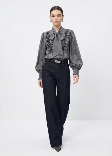 Блузка с рюшами и воротником-завязка OD-988-1 графит