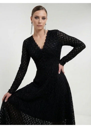 Платье из трикотажного кружева на подкладке с V-образным вырезом, черный, с фестонами