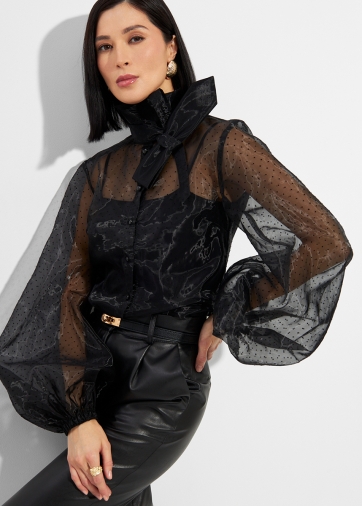 Блузка из органзы с мушками и галстуком OD-986-1 черный