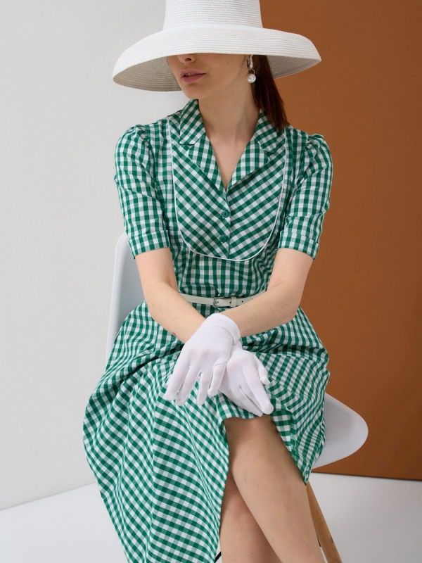 Платье хлопок OD-797-2 клетка зелено-белая