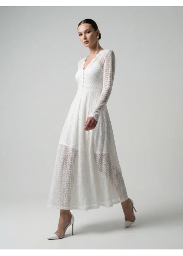 Платье из трикотажного кружева на подкладке с V-образным вырезом, белое OD-1017-2
