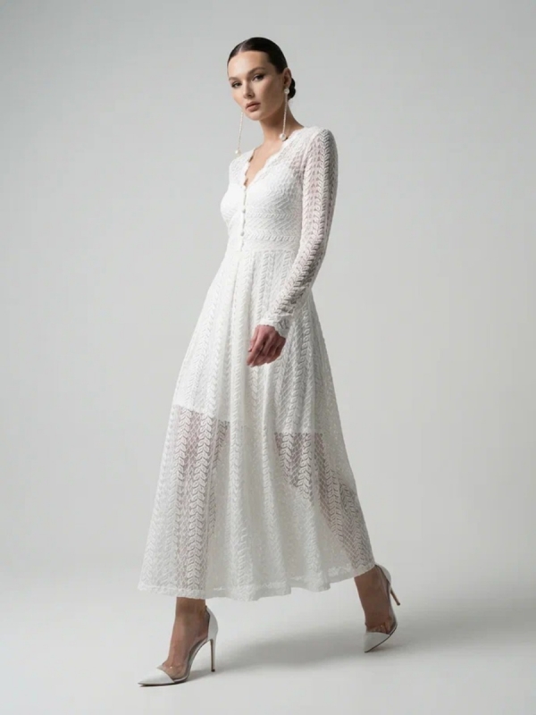 Платье из трикотажного кружева на подкладке с V-образным вырезом, белое OD-1017-2