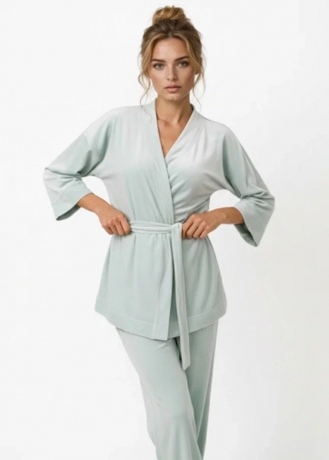 Пижама Кимоно+брюки из велюра OD-836-2 серо-зеленый