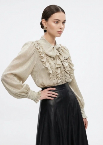 Блузка с рюшами и воротником-завязка OD-988-2 бежевый