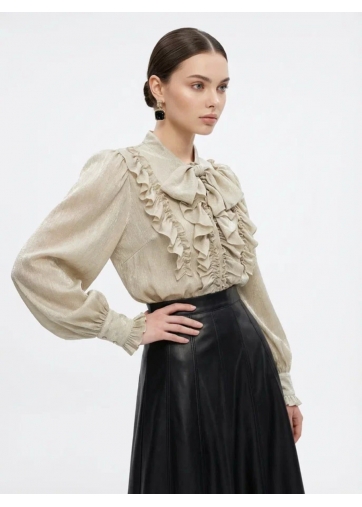 Блузка с рюшами и воротником-завязка OD-988-2 бежевый