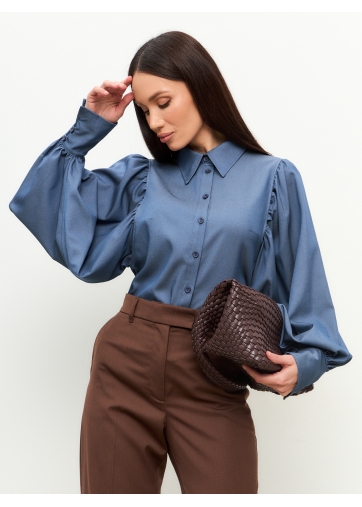 Блузка с объемным рукавом из тонкой джинсы OD-864-2 темно-синий