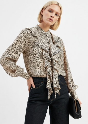 Блузка с отлетными рюшами OD-914-5 бежевый с черным