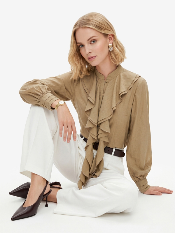 Блузкас отлетными рюшами OD-914-2 хаки