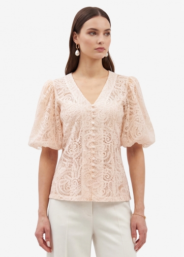 Блузка кружевная приталенная с объемным рукавом, лосось OD-1038-3