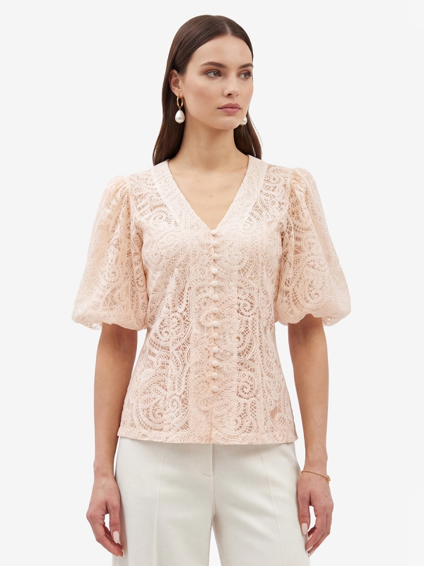 Блузка кружевная приталенная с объемным рукавом, лосось OD-1038-3