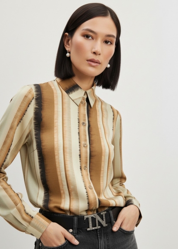 Блузка из атласной ткани OD-887-6 коричневый с серой полосой