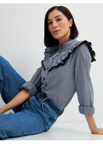 Блузка из хлопка с кружевом OD-896-2 сине- белая мелкая клетка