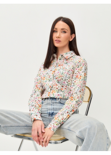 Блузка классик с контраст.стойкой OD-737-14 желтые цветы на белом