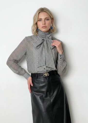 Блузка из органзы в клетку OD-984-2 коричневый с белым
