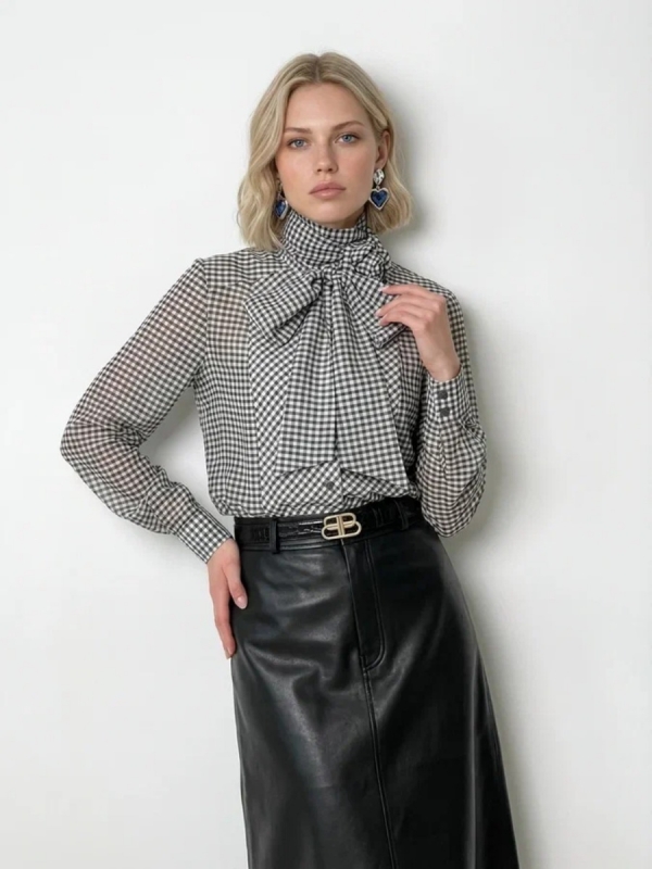 Блузка из органзы в клетку OD-984-2 коричневый с белым