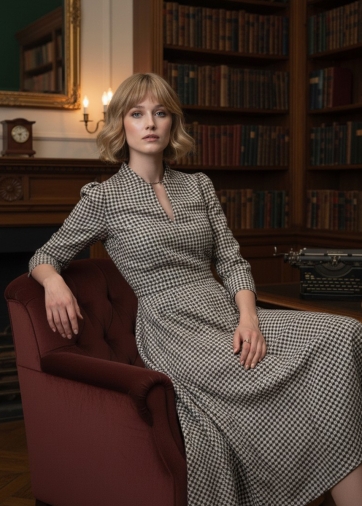 Платье с воротником стойка  OD-885-2 клетка сливочно-коричневая